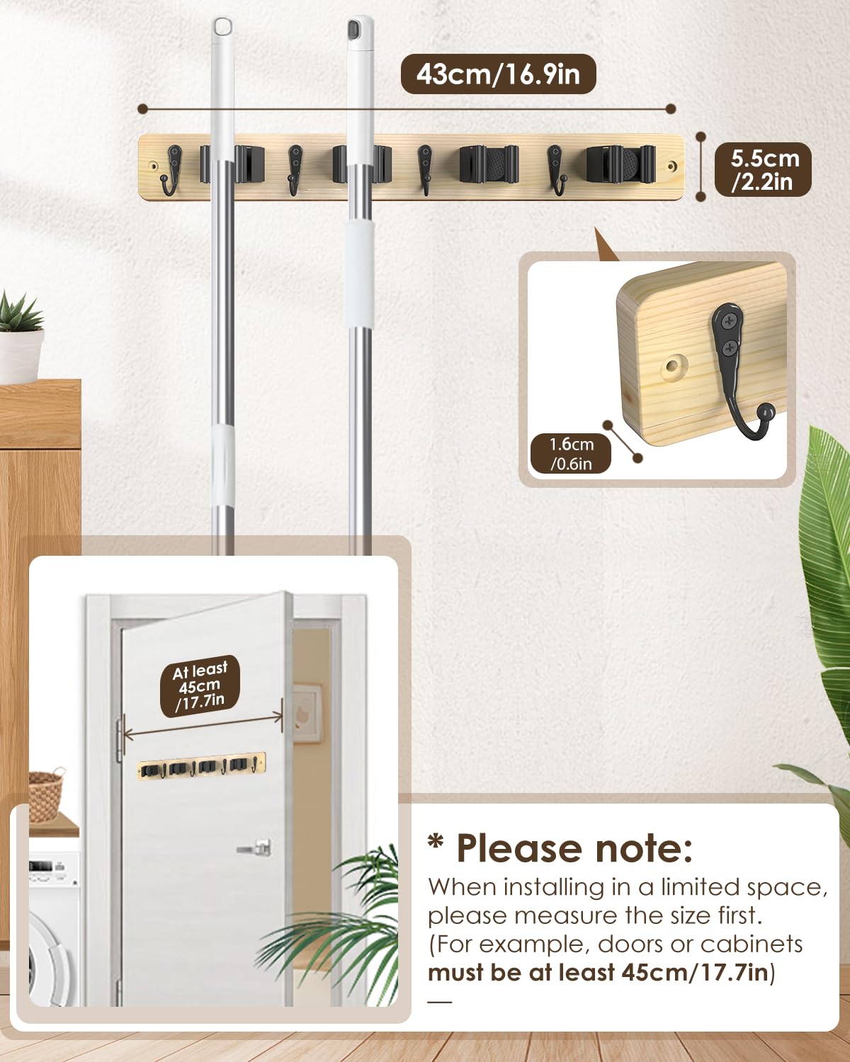 Light Wood Broom Holder Wall Mount