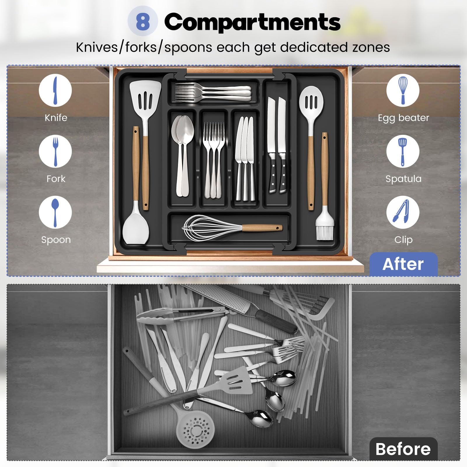 Large Silverware Organizer for Kitchen Drawer & Utensils