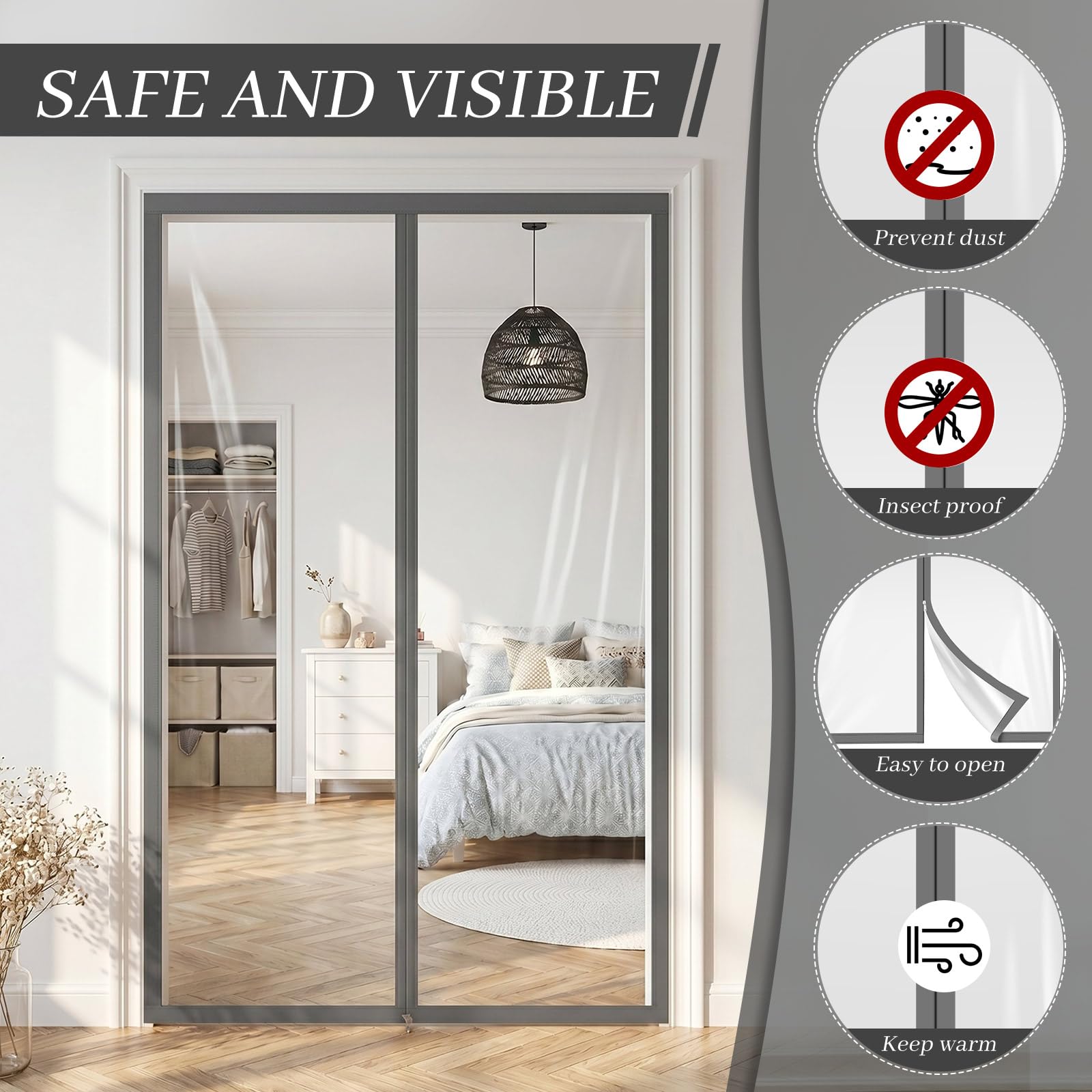 1 Pack Zipper 60 x 102 Inch Dust Barrier Door Kit 5 x 8.5 ft Reusable Temporary Wall Construction Plastic Curtain Cover Containment Standard Gray Doorway Screen Sheeting for Home Renovation