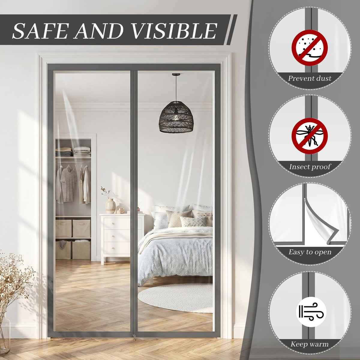 1 Pack Zipper 60 x 102 Inch Dust Barrier Door Kit 5 x 8.5 ft Reusable Temporary Wall Construction Plastic Curtain Cover Containment Standard Gray Doorway Screen Sheeting for Home Renovation