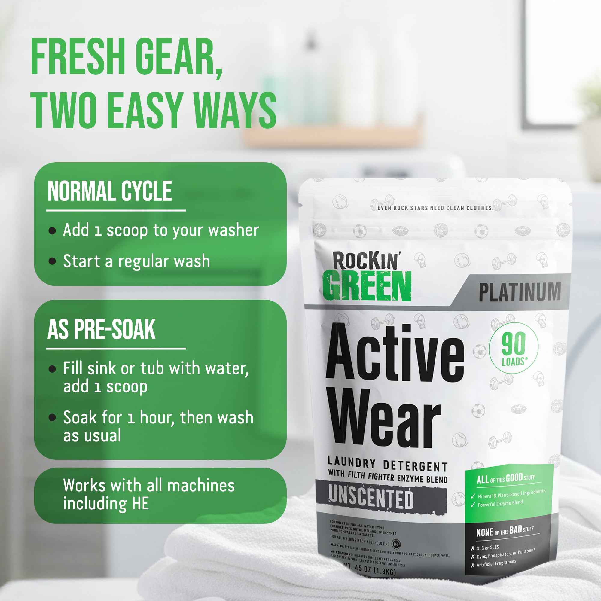 Active Wear Laundry Detergent Powder & Odor Eliminator for Sportswear & Workout Clothes (45 Ounce)