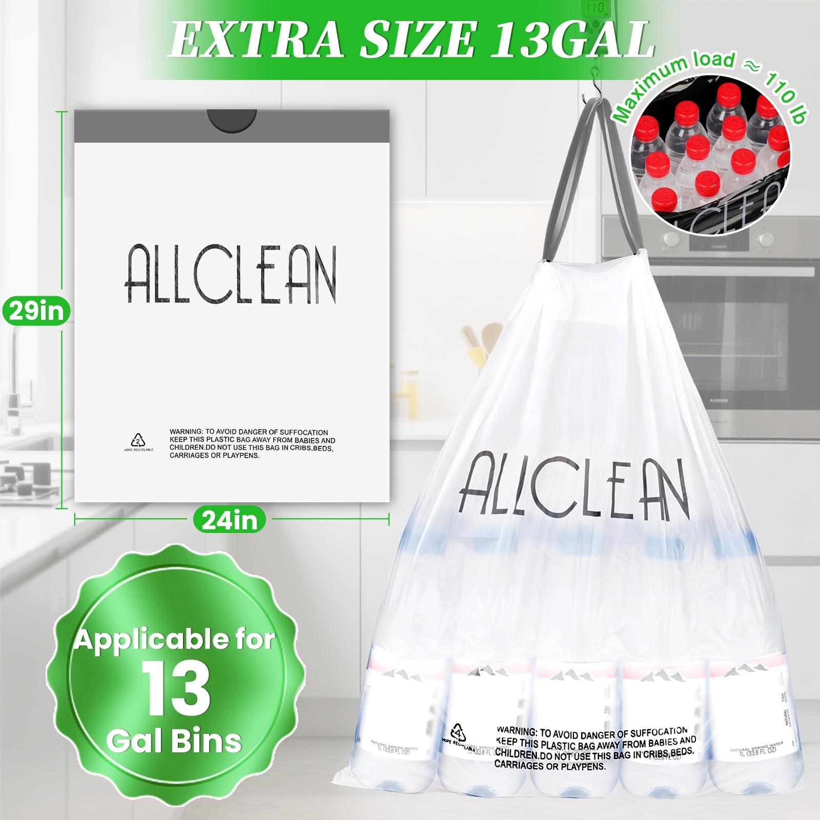 Trash Bags 15 Gallon Tall Kitchen Drawstring Garbage Bag