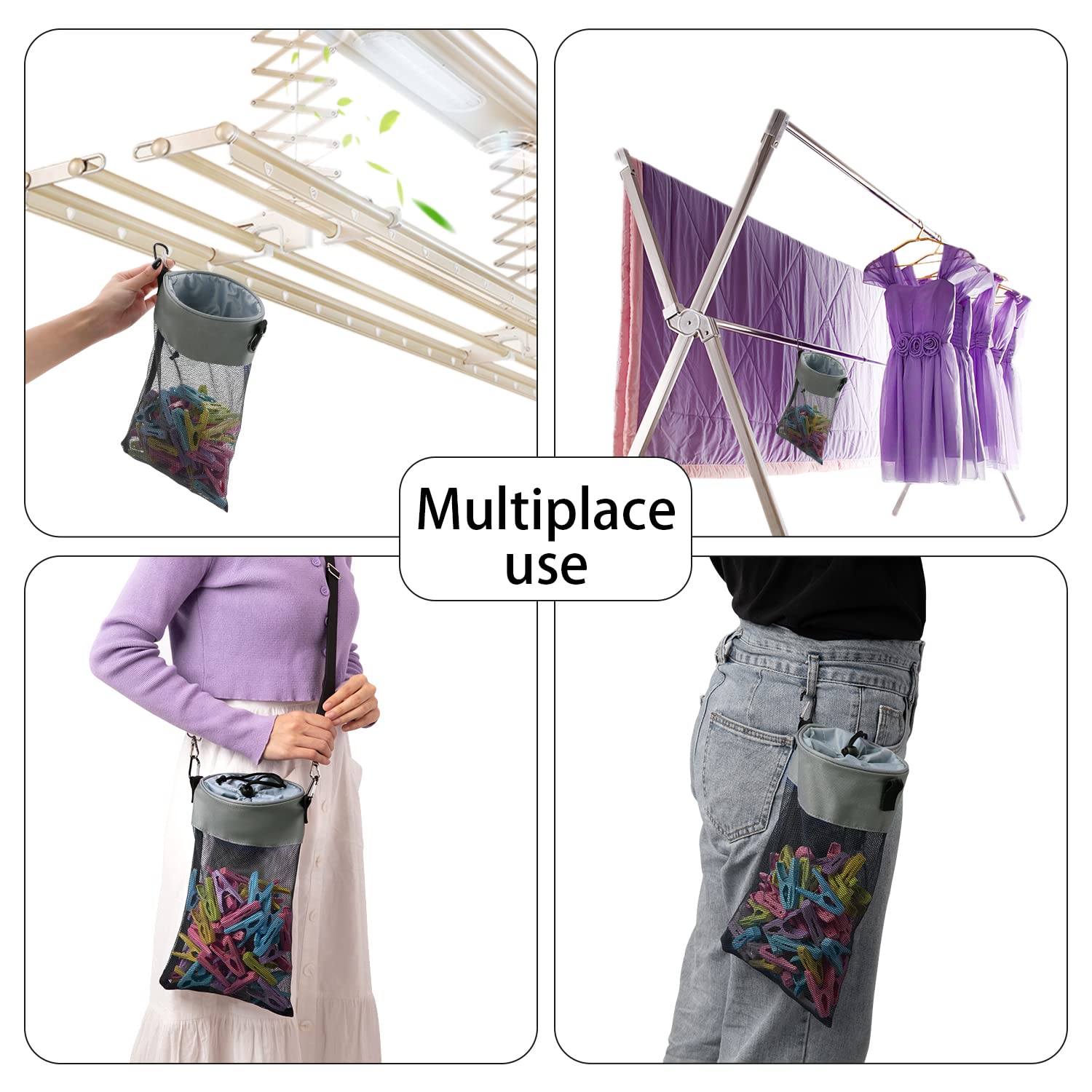 Mesh Clothespin Bag with Hooks Hanging Clothes Pin Bag with Drawstring Closure Clothespin Holder