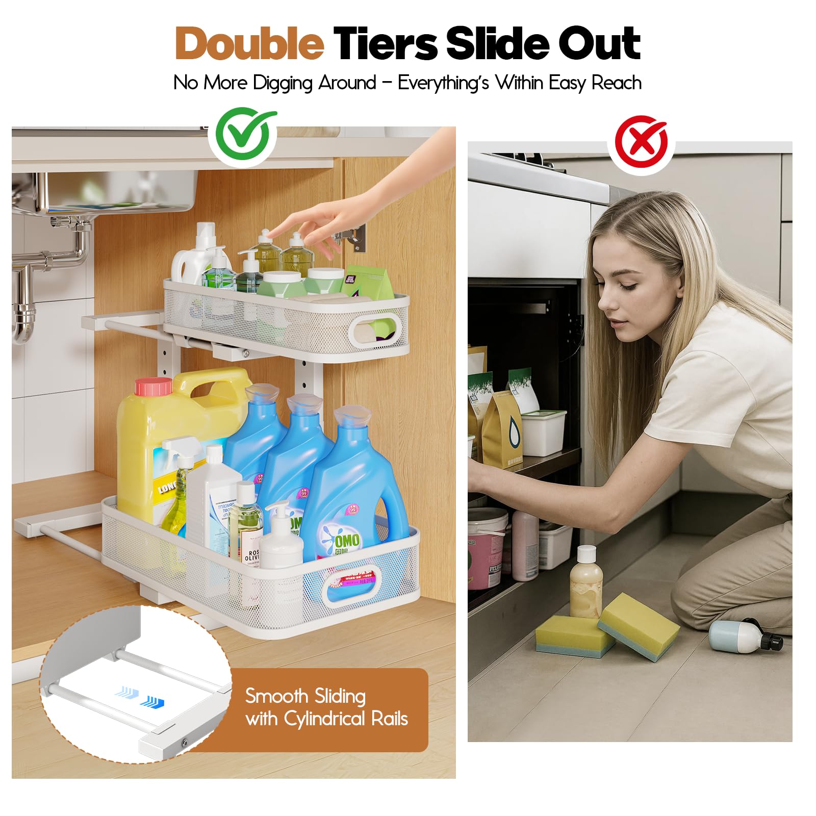 2 Pack Under Sink Organizer With Smooth Cylindrical Rail (2 Count)
