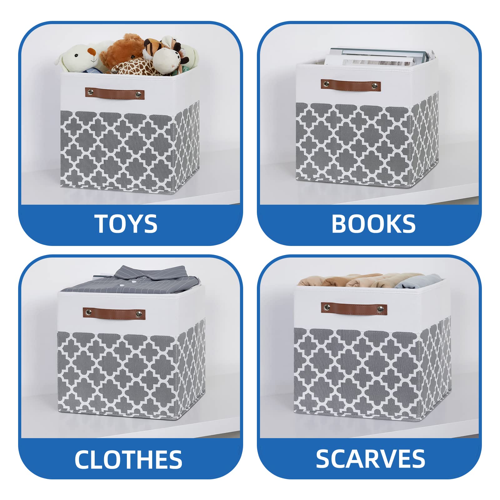 12x12x12 Fabric Storage Bins 4 Pack with Leather Handle