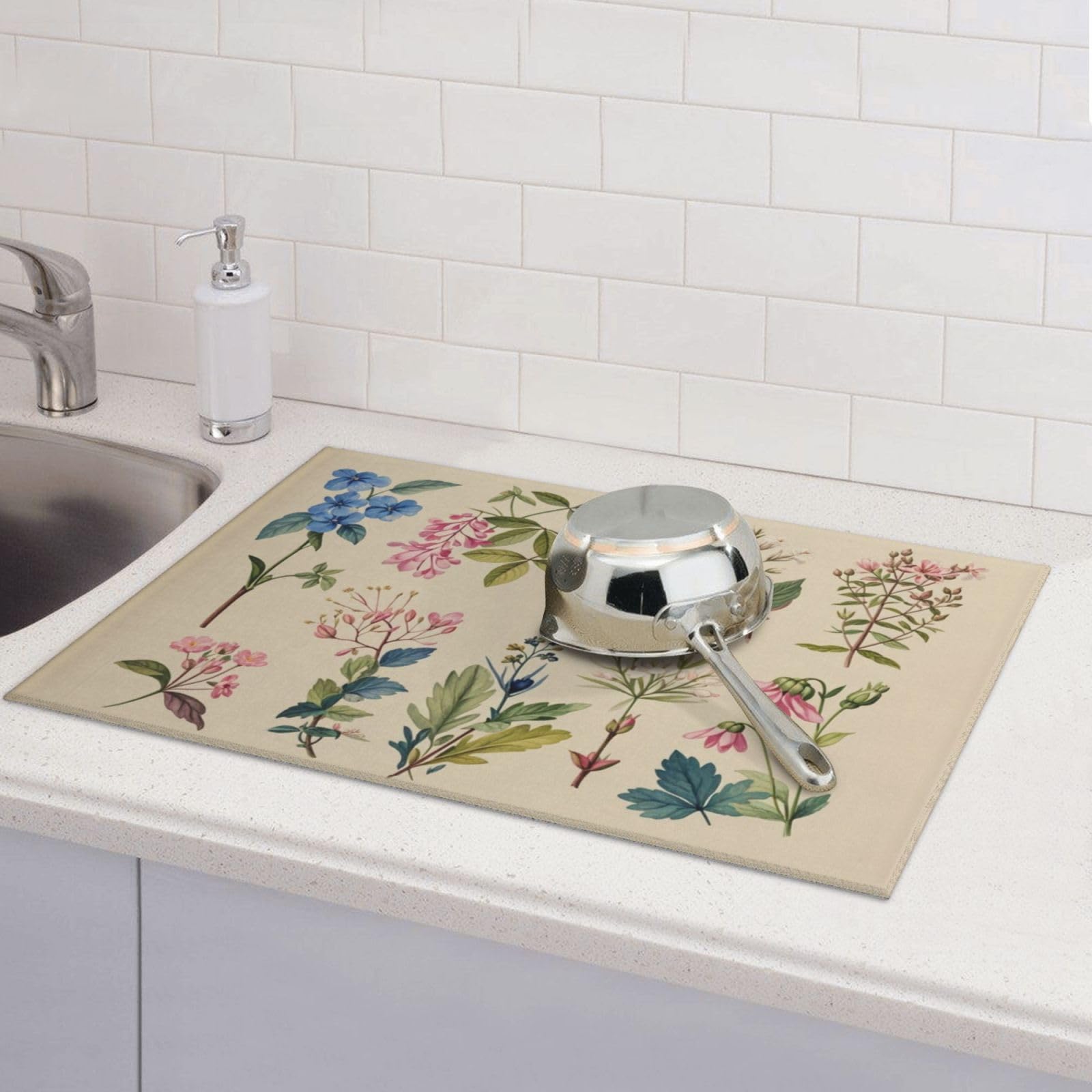 Vintage Plants Herbs Floral Dish Drying Mat Highly Absorbent Double