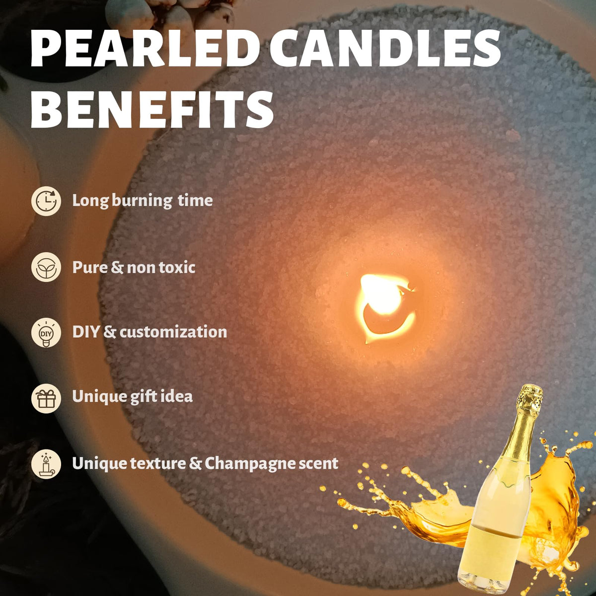 Champagne Scented White Pearled Candle 18oz Luxury Sand Candle Granulated Wax (18 Ounce)
