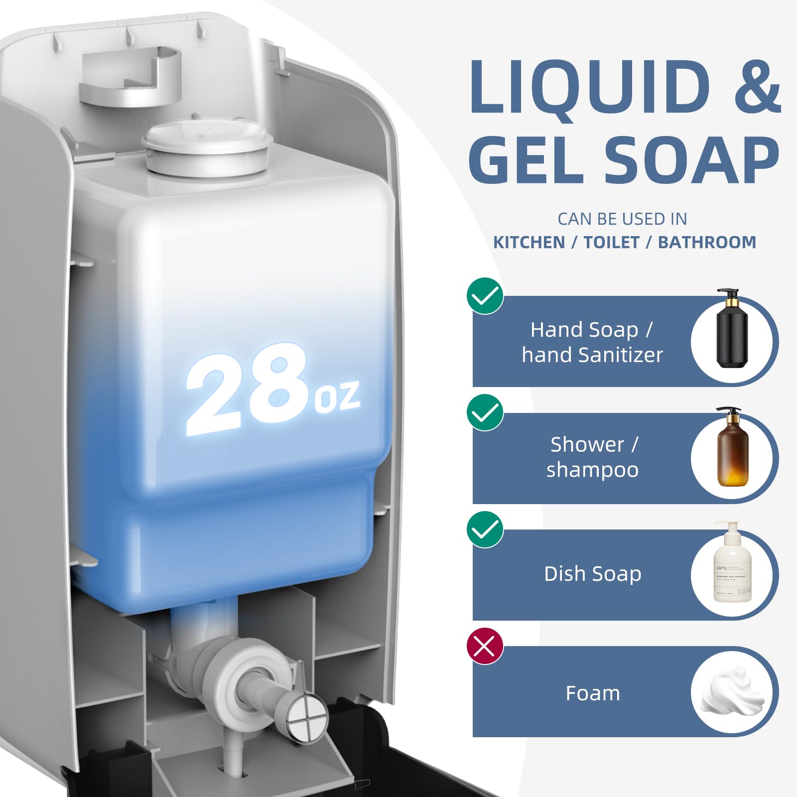 Soap Dispenser Wall Mount Adhesive Commercial Soap Dispenser 800ml No Drill Hand Sanitizer Dispenser for Bathroom Support Liquid and Gel