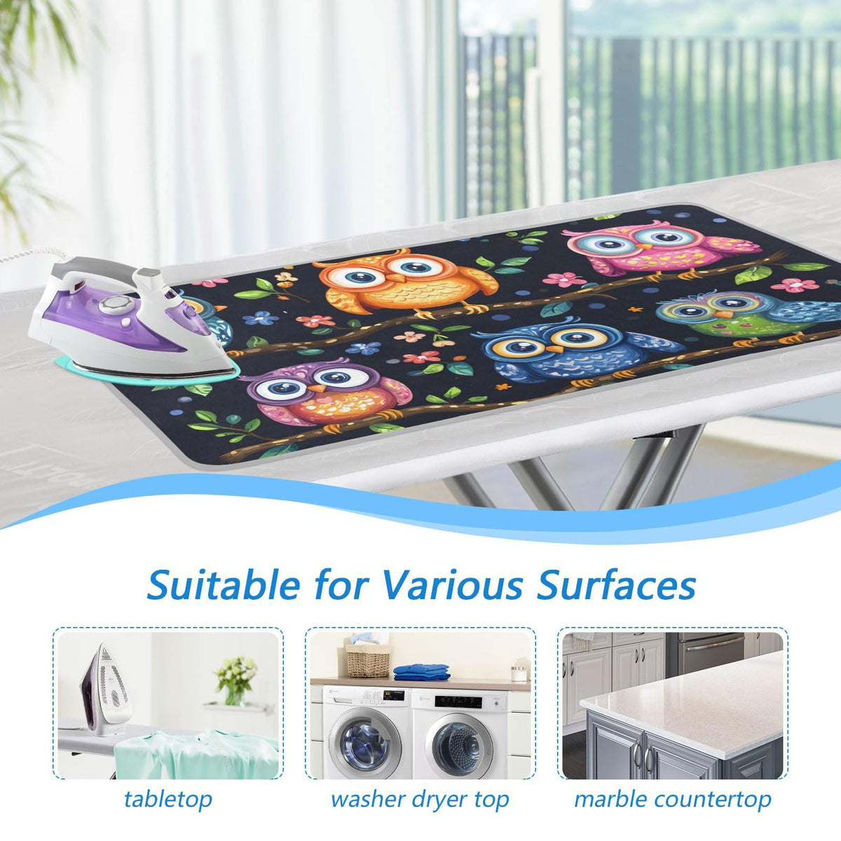 Vibrant Owls Branches Flowers Spring Ironing Mat Portable Ironing Pad Blanket with Silicone Iron Rest for Table Top Travel Heat Resistant Double