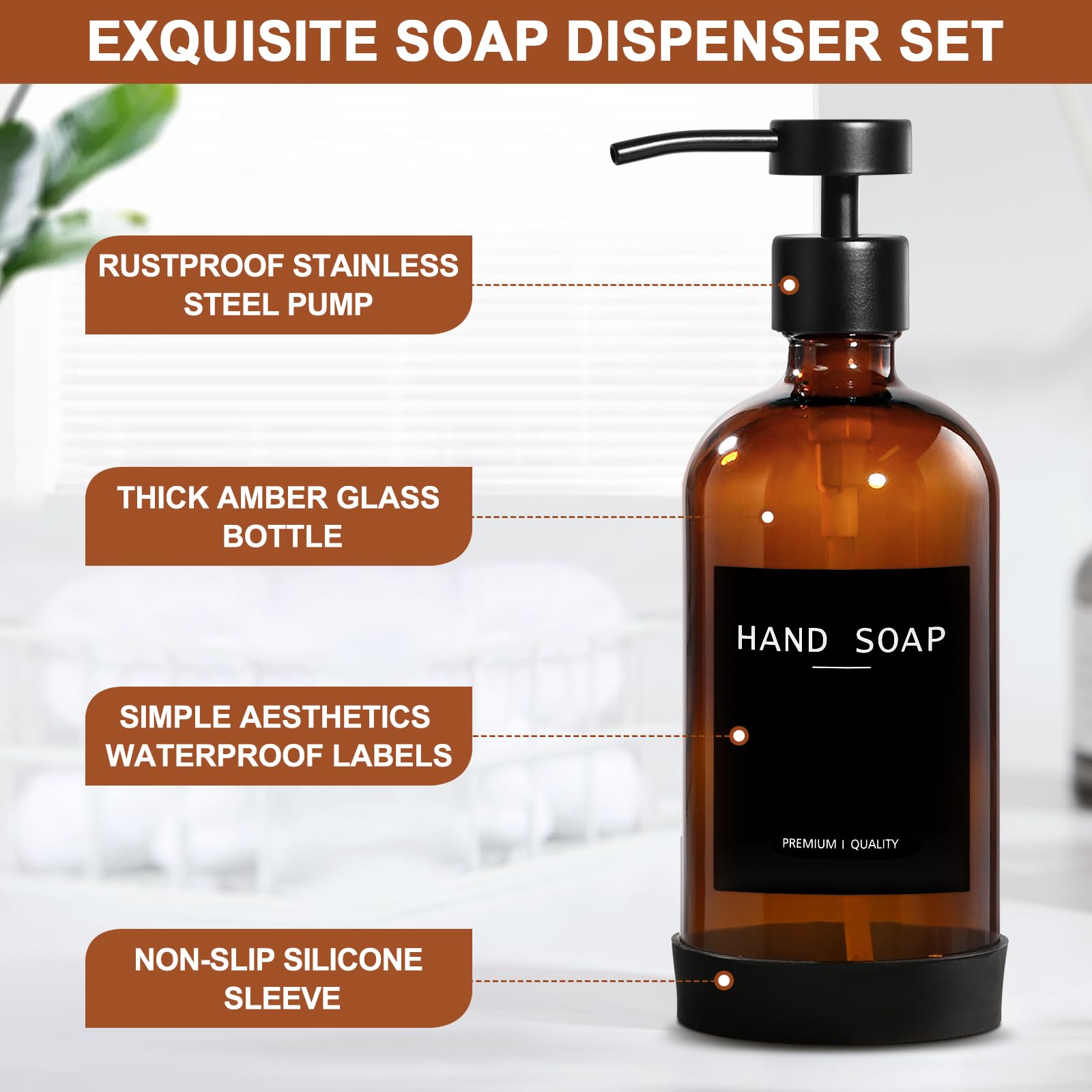 Amber Glass Soap Dispenser 4 Pack (16.9 Fl Oz)