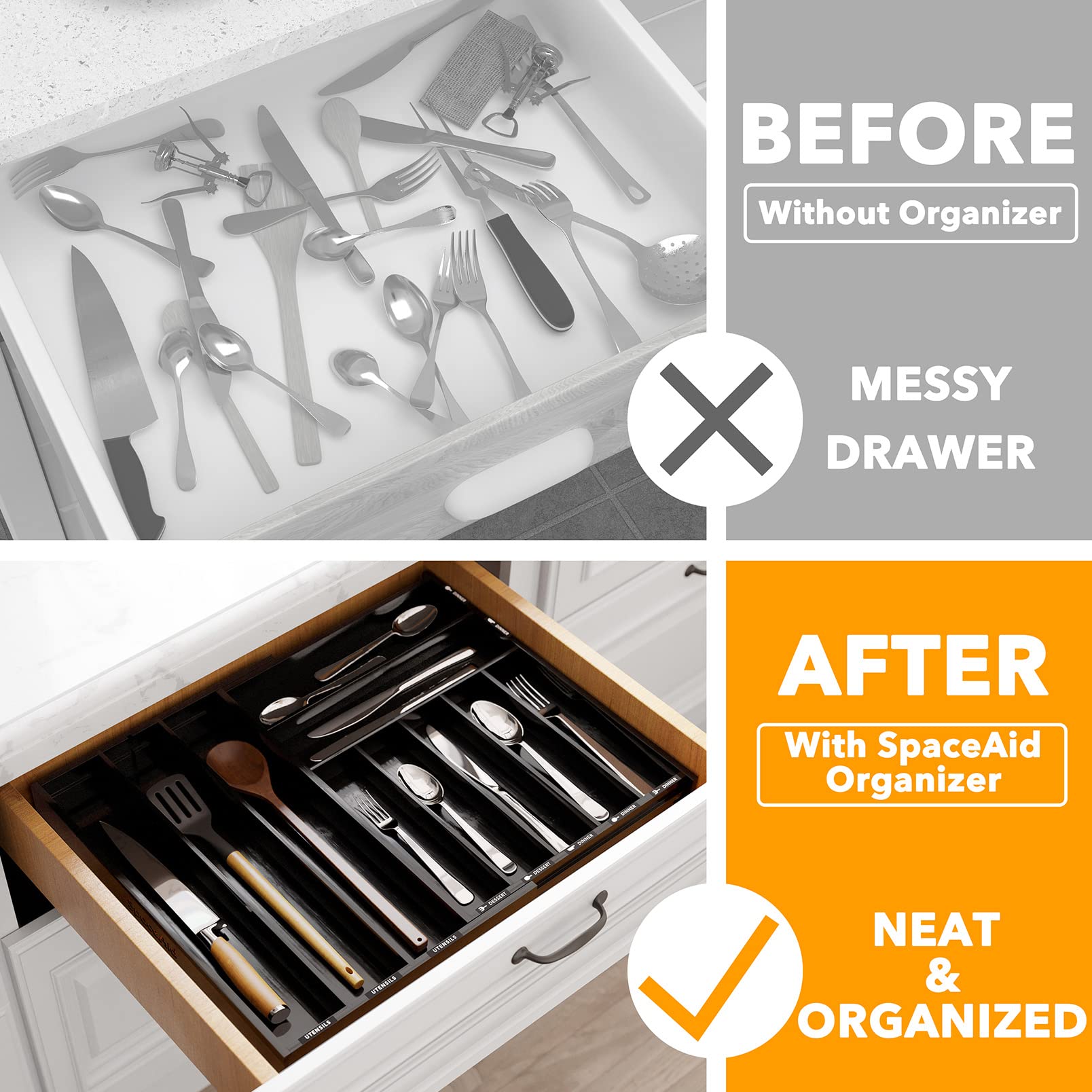 Bamboo Silverware Drawer Organizer with Labels