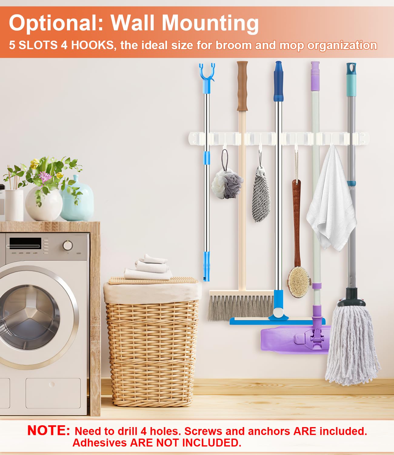 Broom Holder Over The Door with 4 Over Door Hook
