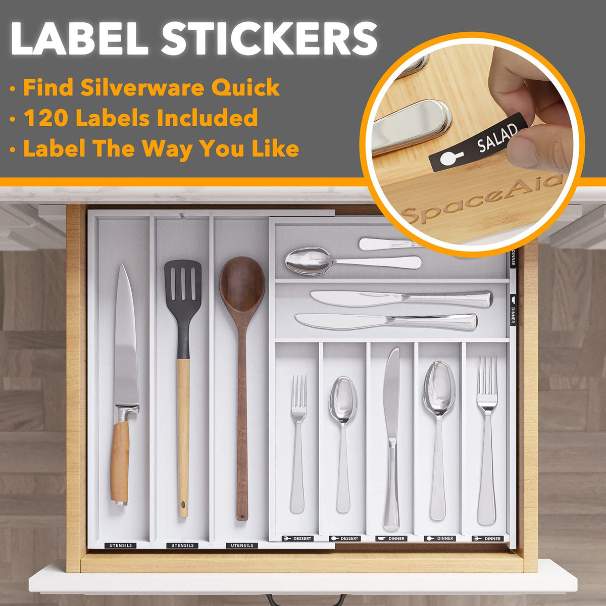 Bamboo Silverware Drawer Organizer with Labels