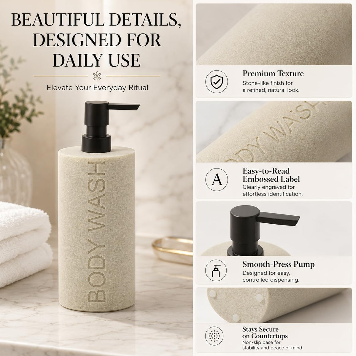 Resin Tan Sandstone Body Wash Engraved Bottle Refillable Pump Dispenser