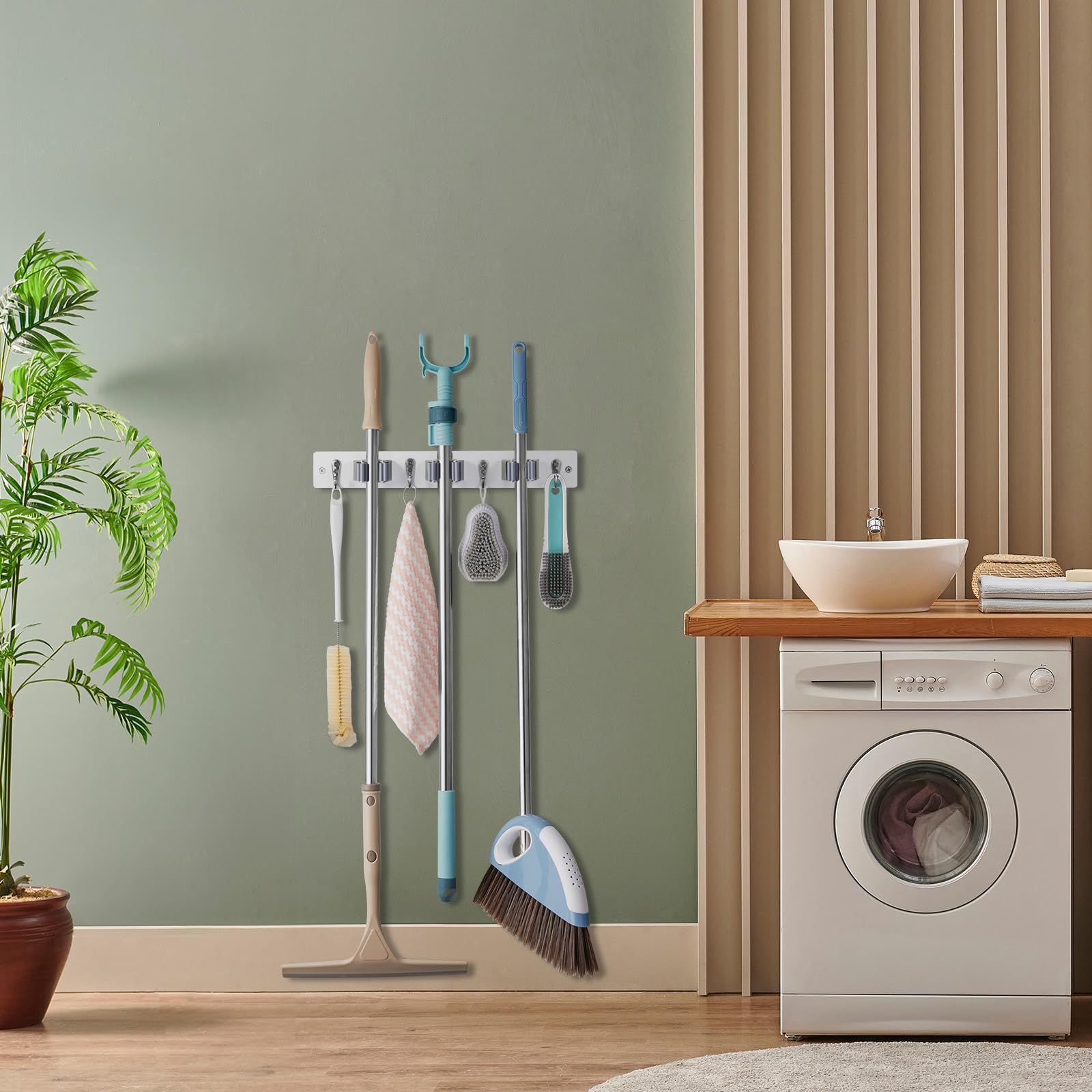 White Mop Broom Holder Wall Mount with 3 Slots & 4 Hooks