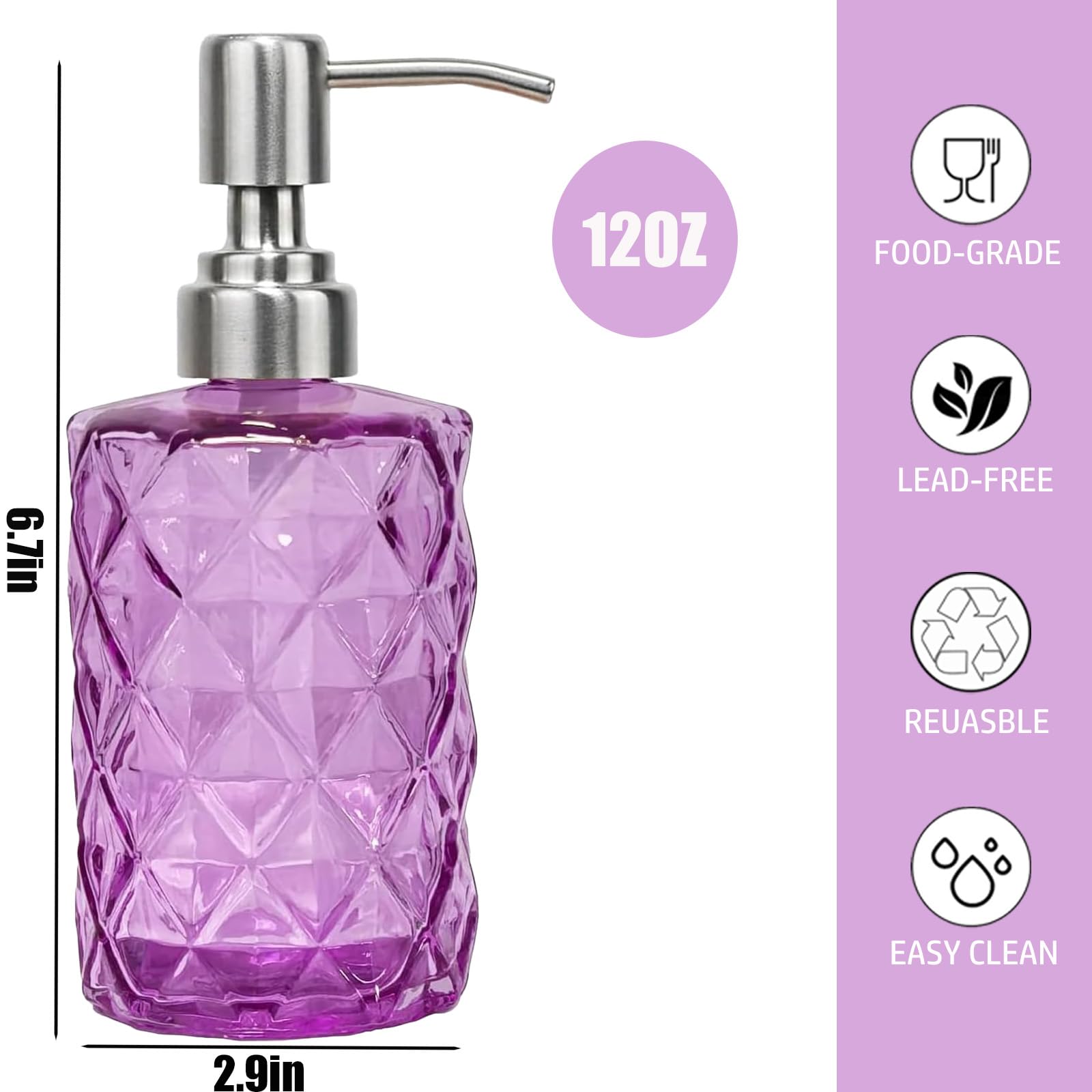 12Oz Purple Glass Soap Dispenser