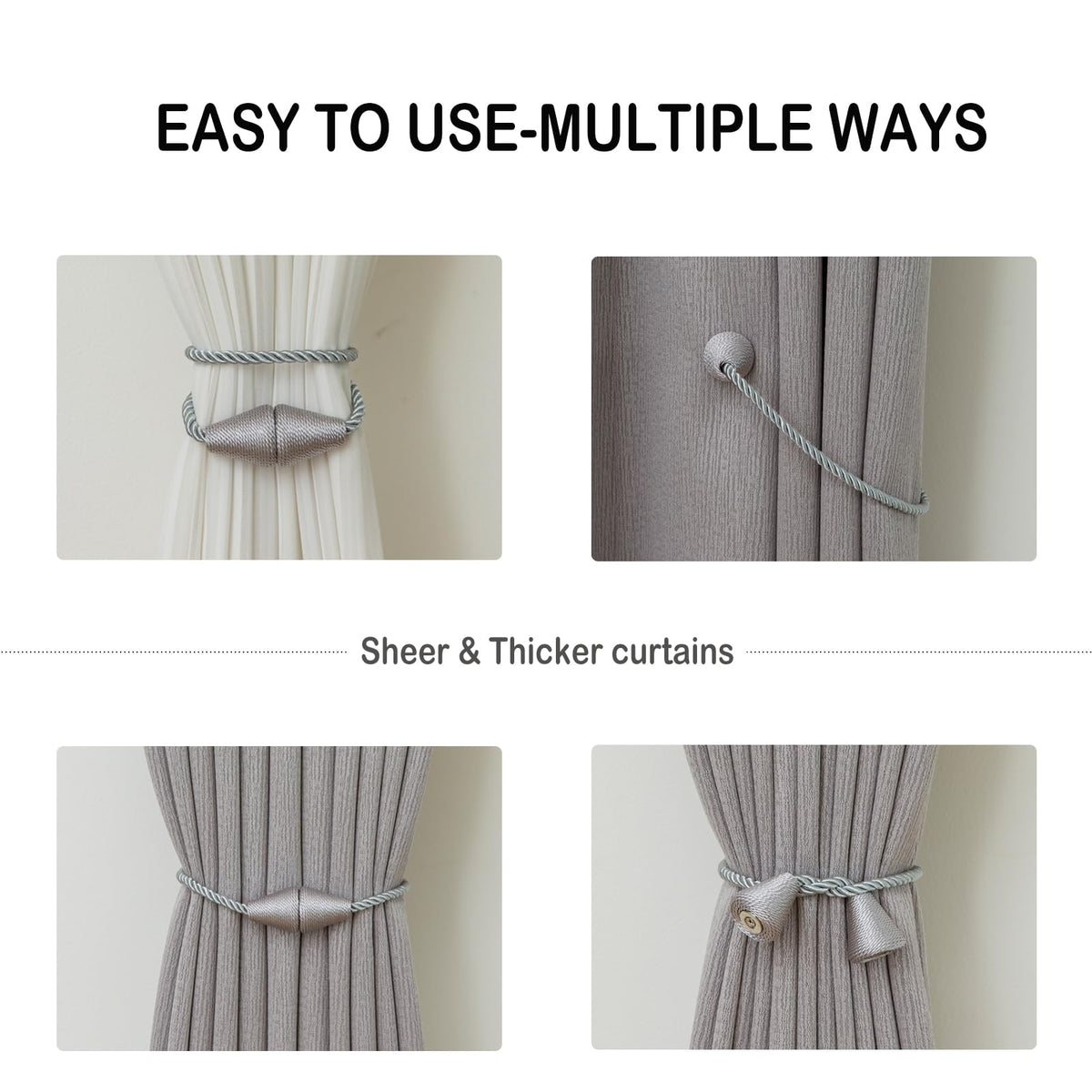 Magnetic Curtain Tiebacks 4 Pack Outdoor Rope Curtain Tie Backs Decorative Window Treatment Holdbacks for Home Decorative Curtain