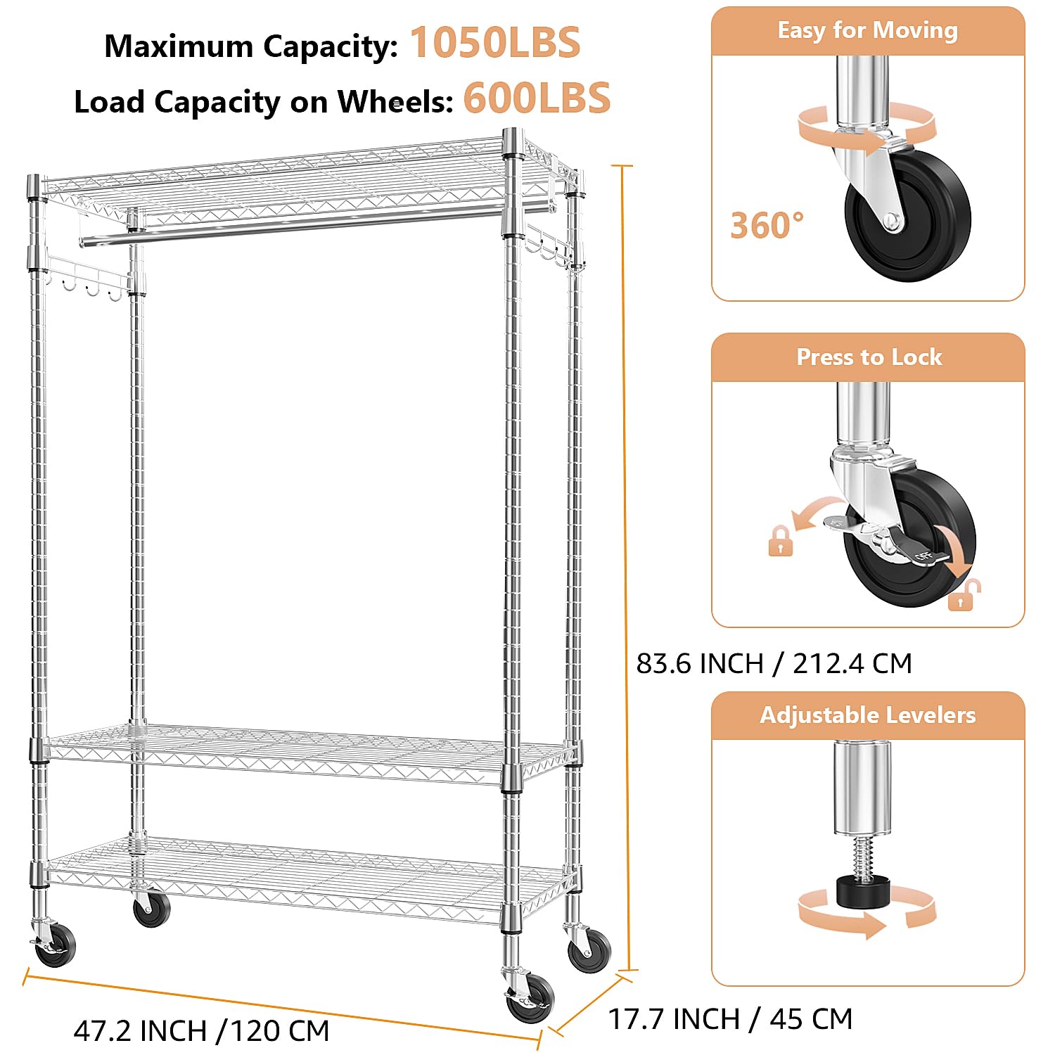 Heavy Duty Rolling Garment Rack 3 Tiers Adjustable Wire Shelving Clothes Rack with Rods and Side Hooks