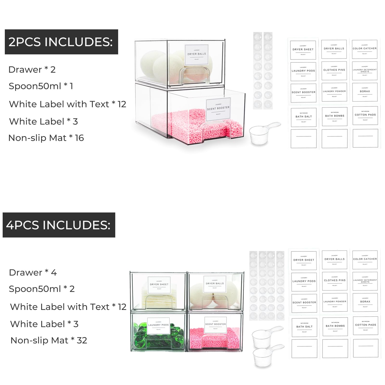 4 Pack Laundry Room Organization Storage Drawers with Labels (4 Count)