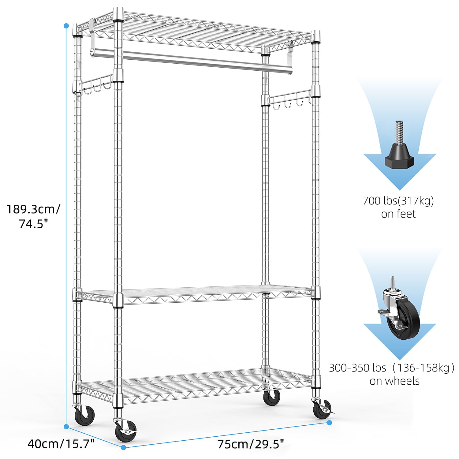 Heavy Duty Rolling Garment Rack 3 Tiers Adjustable Wire Shelving Clothes Rack with Rods and Side Hooks
