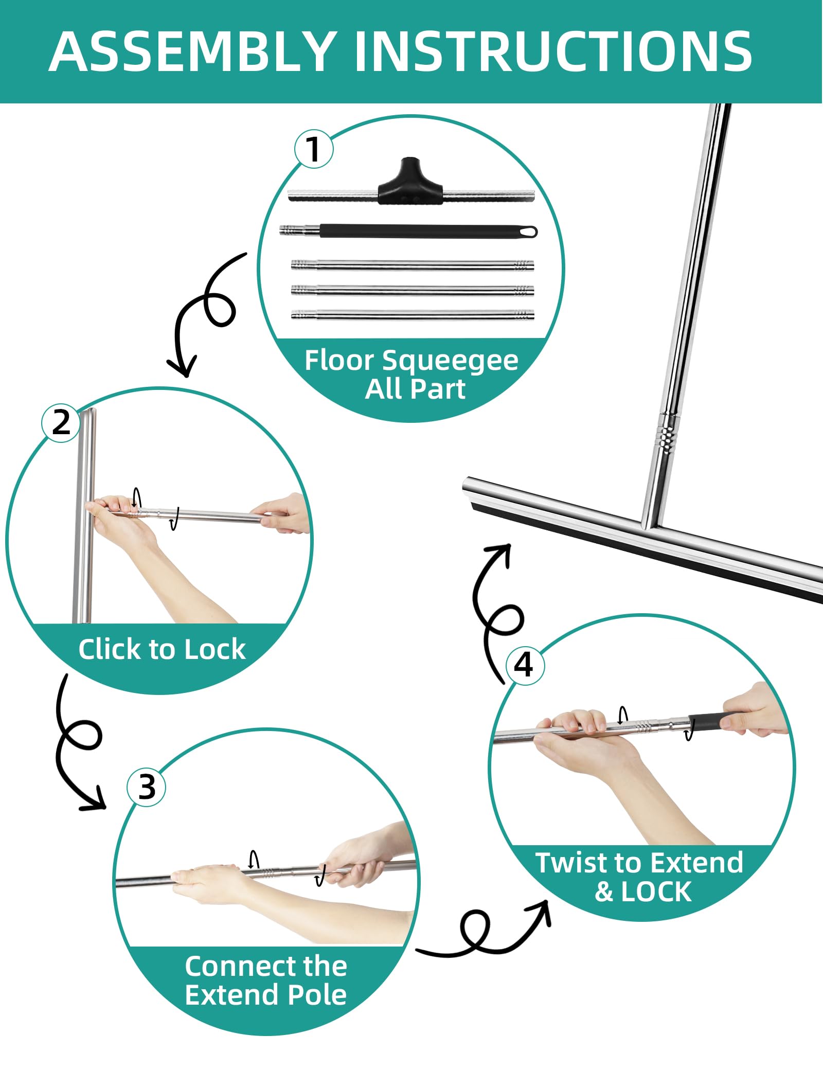 Floor Squeegee Scrubber 59inch Long Stainless Steel Handle with 15inch Wide Silicon Rubber Blade Squeegee Broom for Floor Washing and Drying Shower Glass