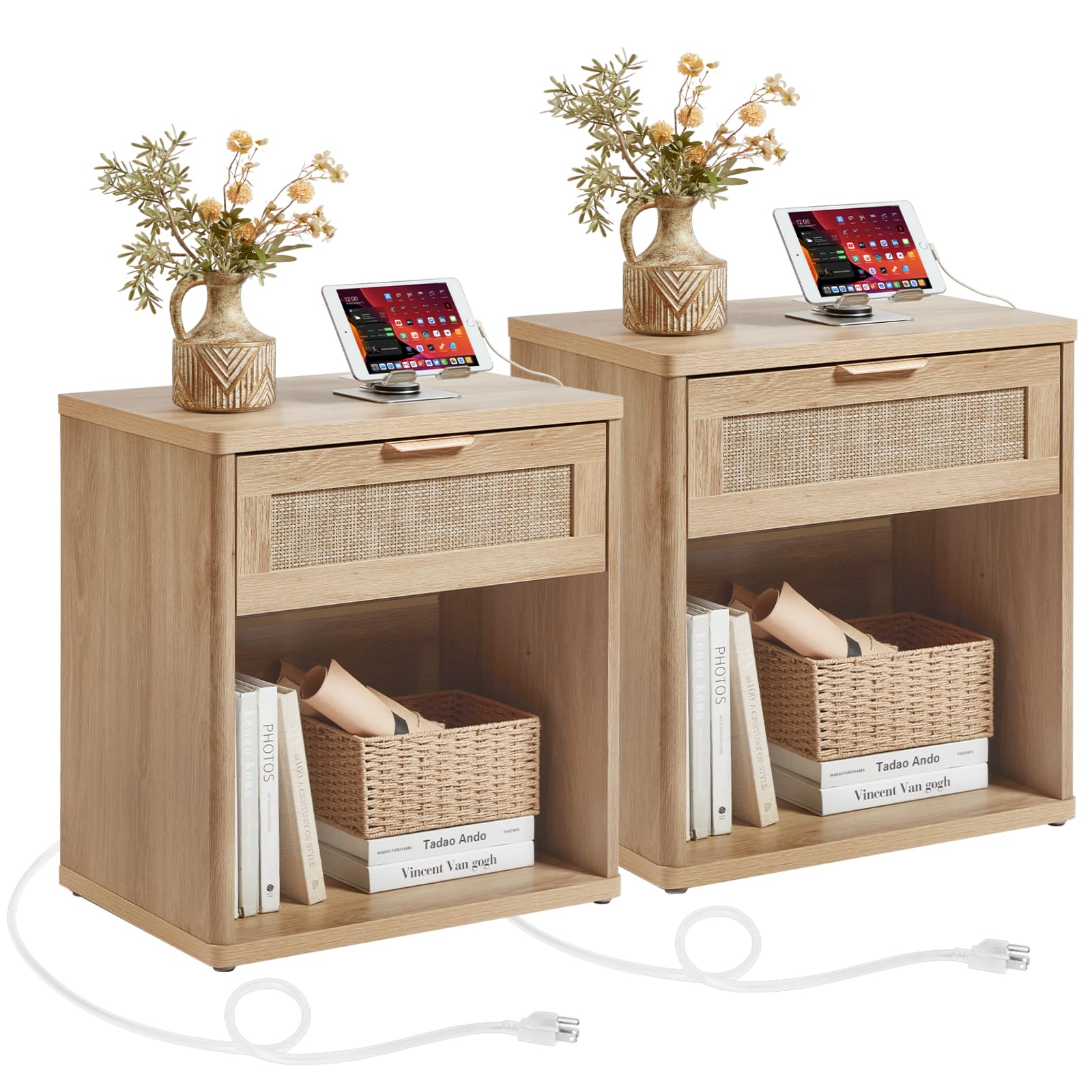 Rattan Nightstands Set of 2 with Charging Station (2 Count)