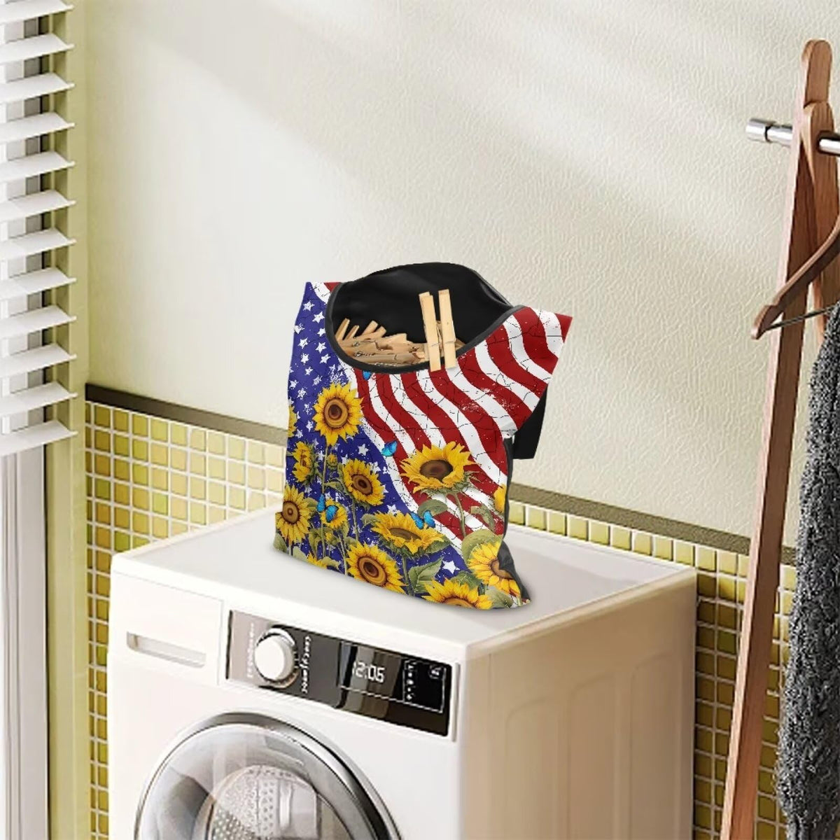 American Flag Clothespin Bags Sunflower Laundry Hanging Storage Organizer Clothes Pin Hanging Bags with Rope Clothespin Holder with an Space