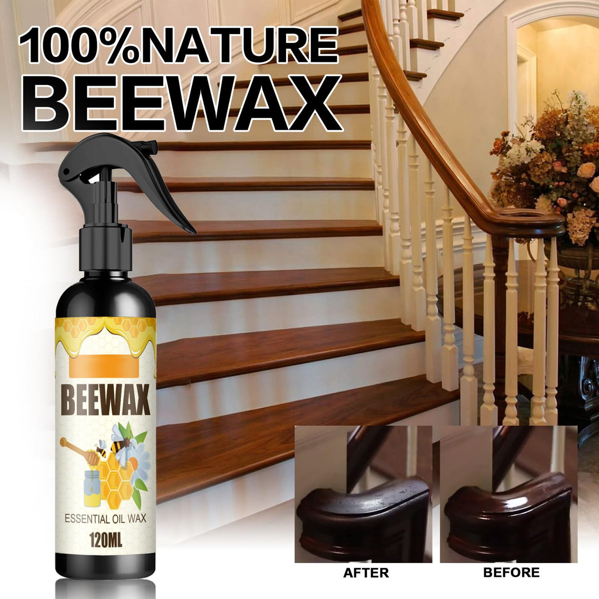 Beeswax Spray Cleaner with Sponge & Towel for Wood Furniture (4 Fl Oz)