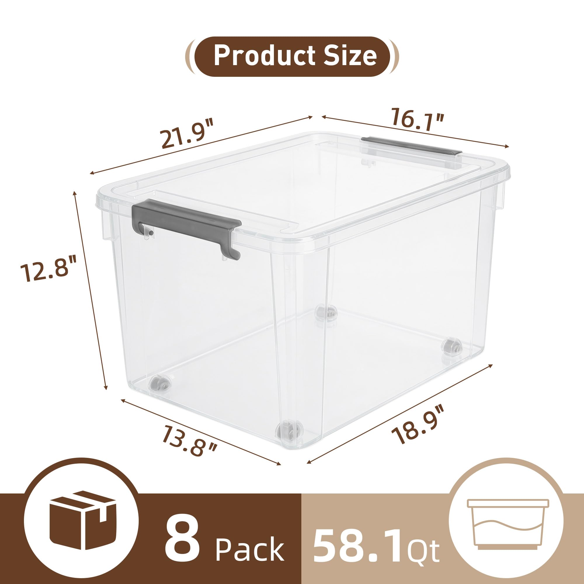 44.4 QT Plastic Storage Bins with Latching Lids Stackable Storage Containers for Organizing Large Clear Storage Box for Garage (8 Count)