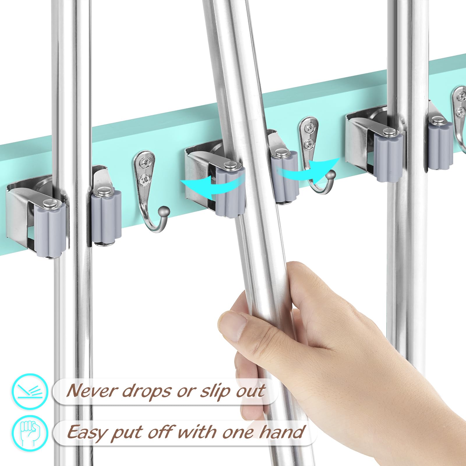 Turquoise Mop Broom Holder Wall Mount with 4 Slots & 4 Hooks