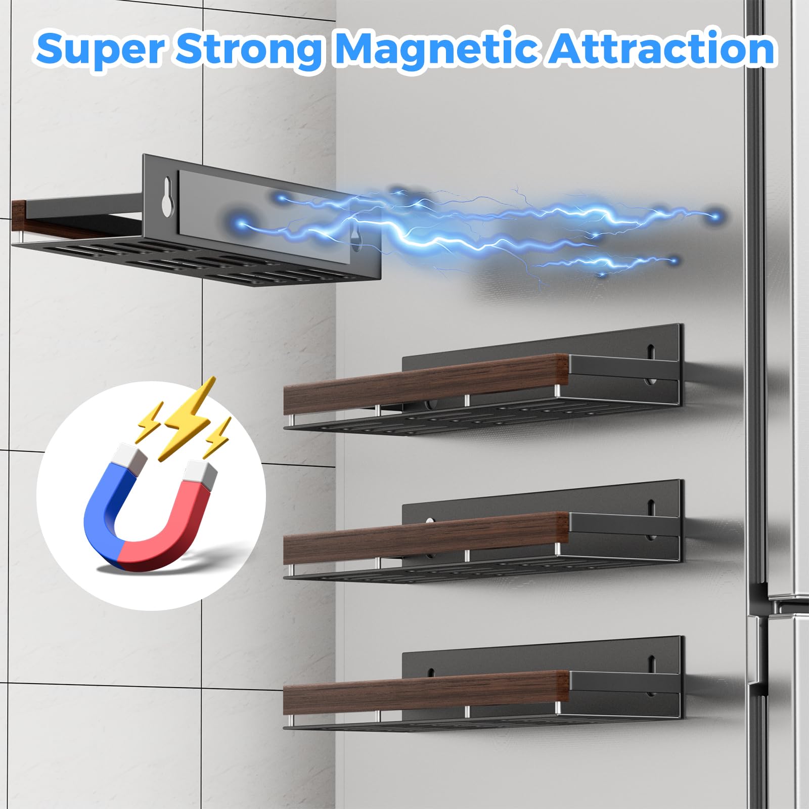 Walnut Magnetic Spice organizer for Refrigerator Wall Mount Spice Rack Magnetic Fridge Shelf Spice Jar Seasoning Organizer (2 Count)