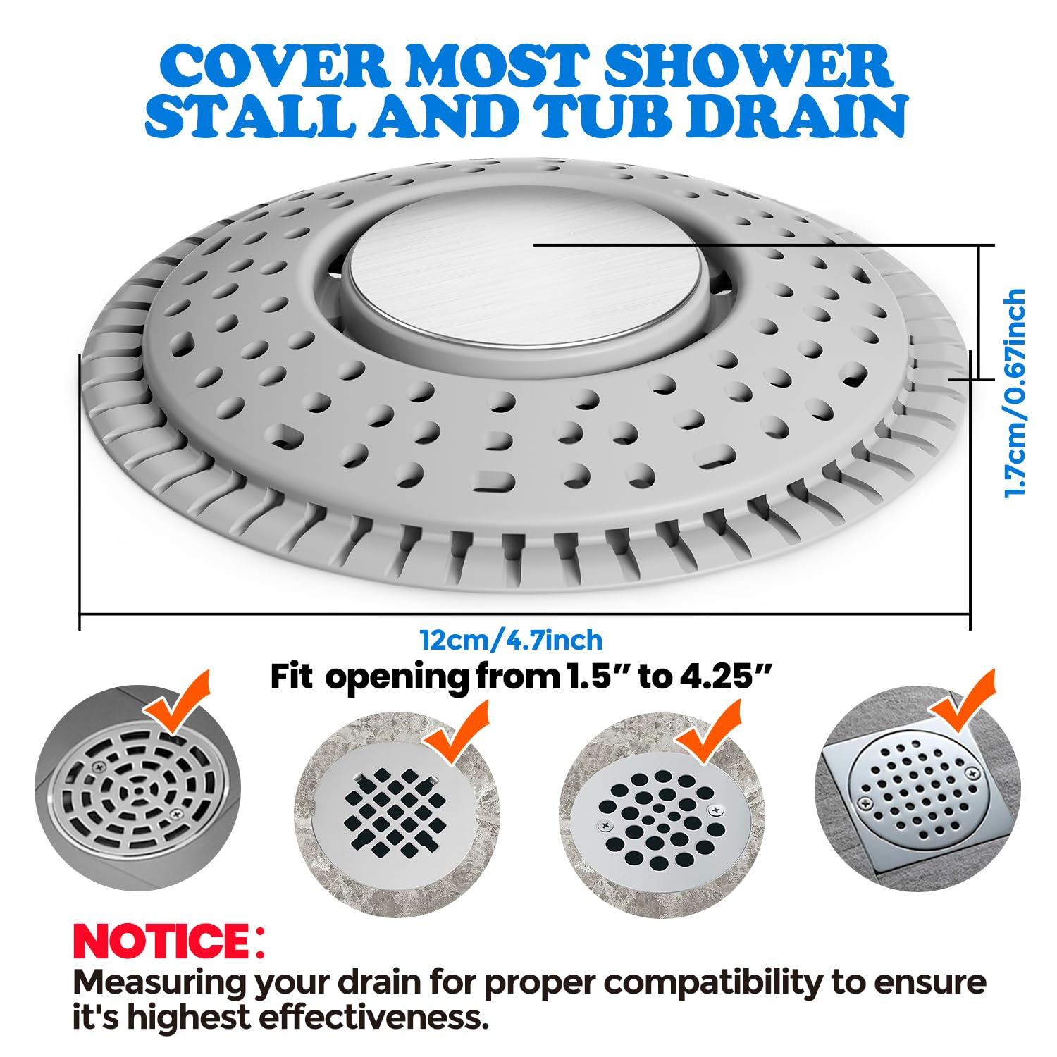 Shower Drain Hair Catcher Silicone Flat Floor Strainer Protector (2 Count)
