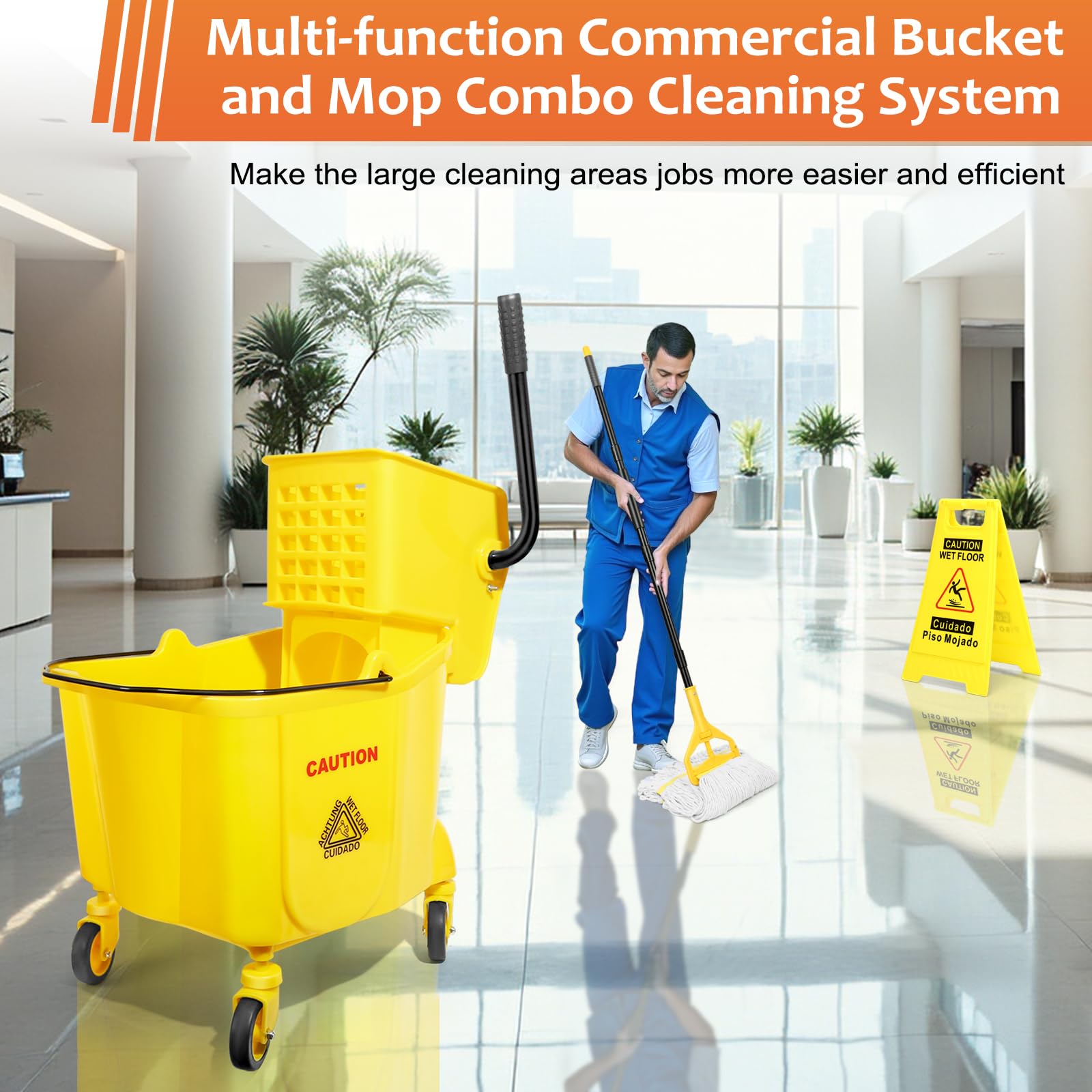 38 Qt Commercial Mop Bucket with Side Press Wringer on Wheels and Mops Set for Floor Cleaning