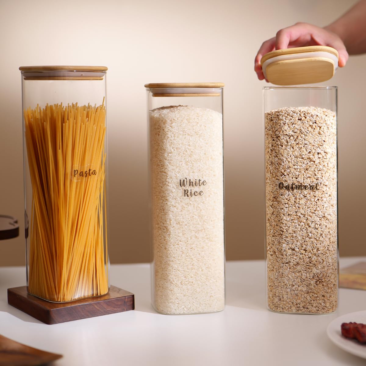 3 Pcs Square Glass Pantry Storage Containers with Bamboo Airtight Lid and 248 Clear Pantry Labels Preprinted