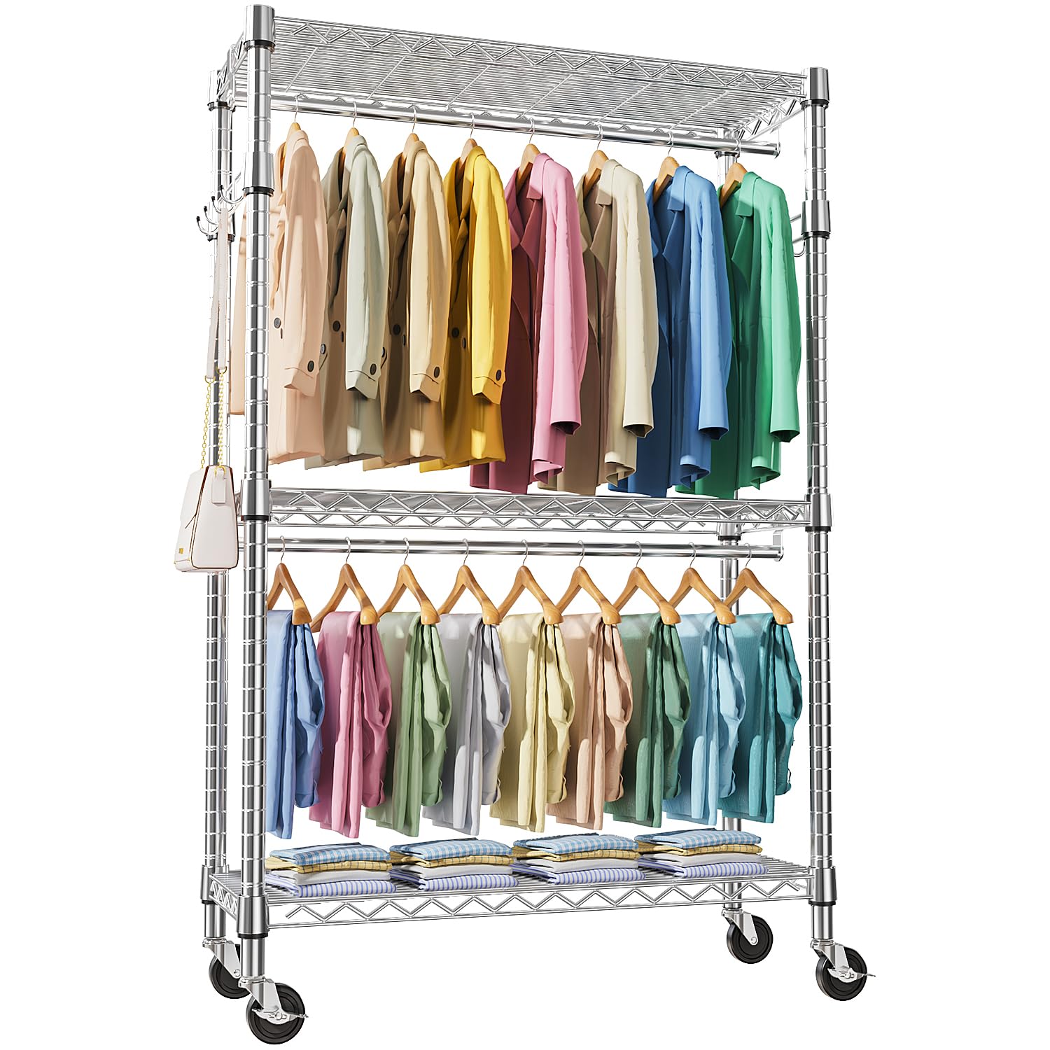 Heavy Duty Rolling Garment Rack 3 Tiers Adjustable Wire Shelving Clothes Rack with 2 Rods and Side Hooks