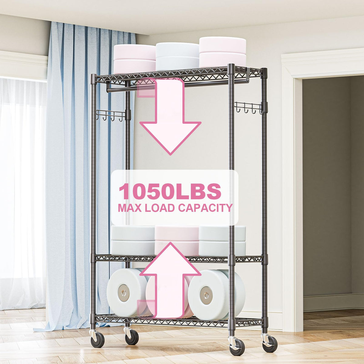 Heavy Duty Rolling Garment Rack 3 Tiers Adjustable Wire Shelving Clothes Rack with 1 Rods and Side Hooks