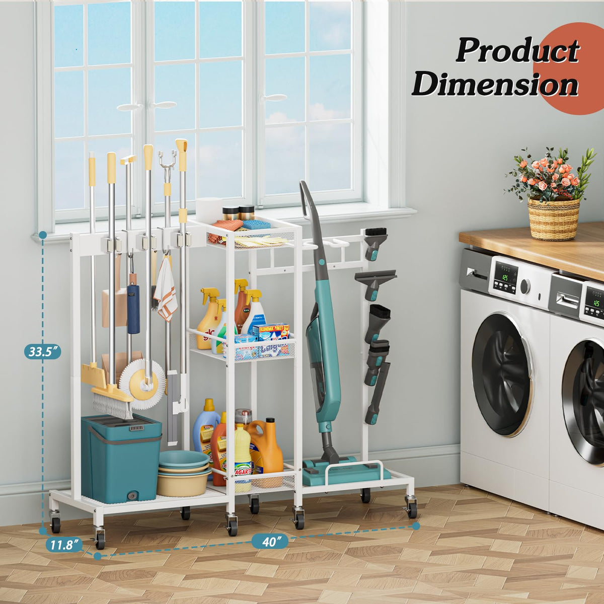 Broom Holder with Cleaning Supplies Organizer