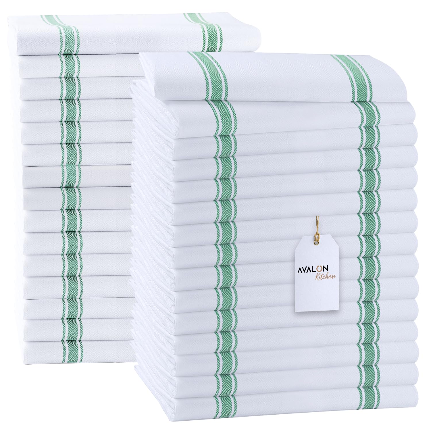Dish Towels 30 Pack Green Stripe 100% Cotton Kitchen Towel 15x25 Inch Tea Towels (30 Count)