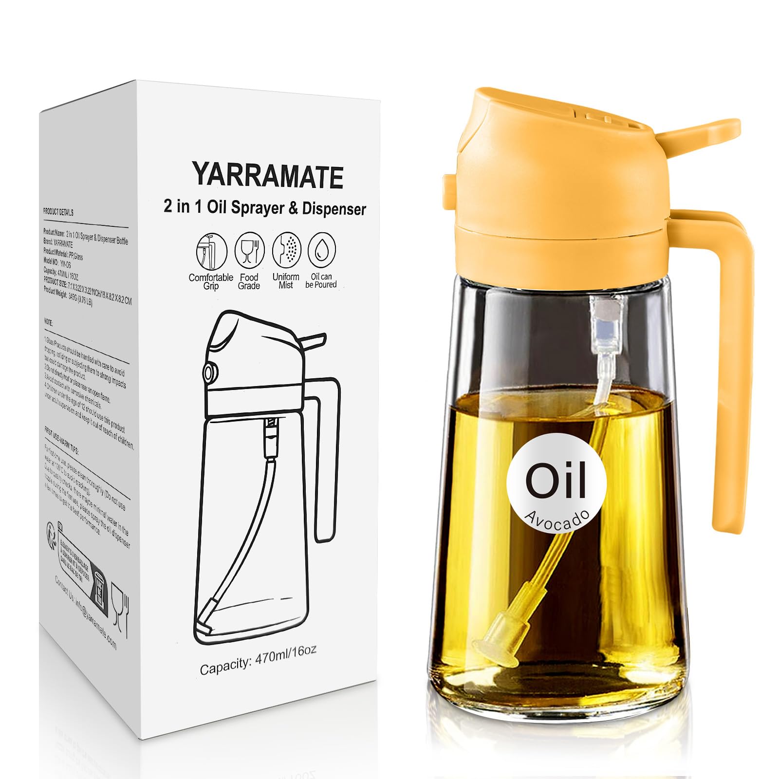 16 oz 2-in-1 Glass Olive Oil Sprayer for Cooking, Orange