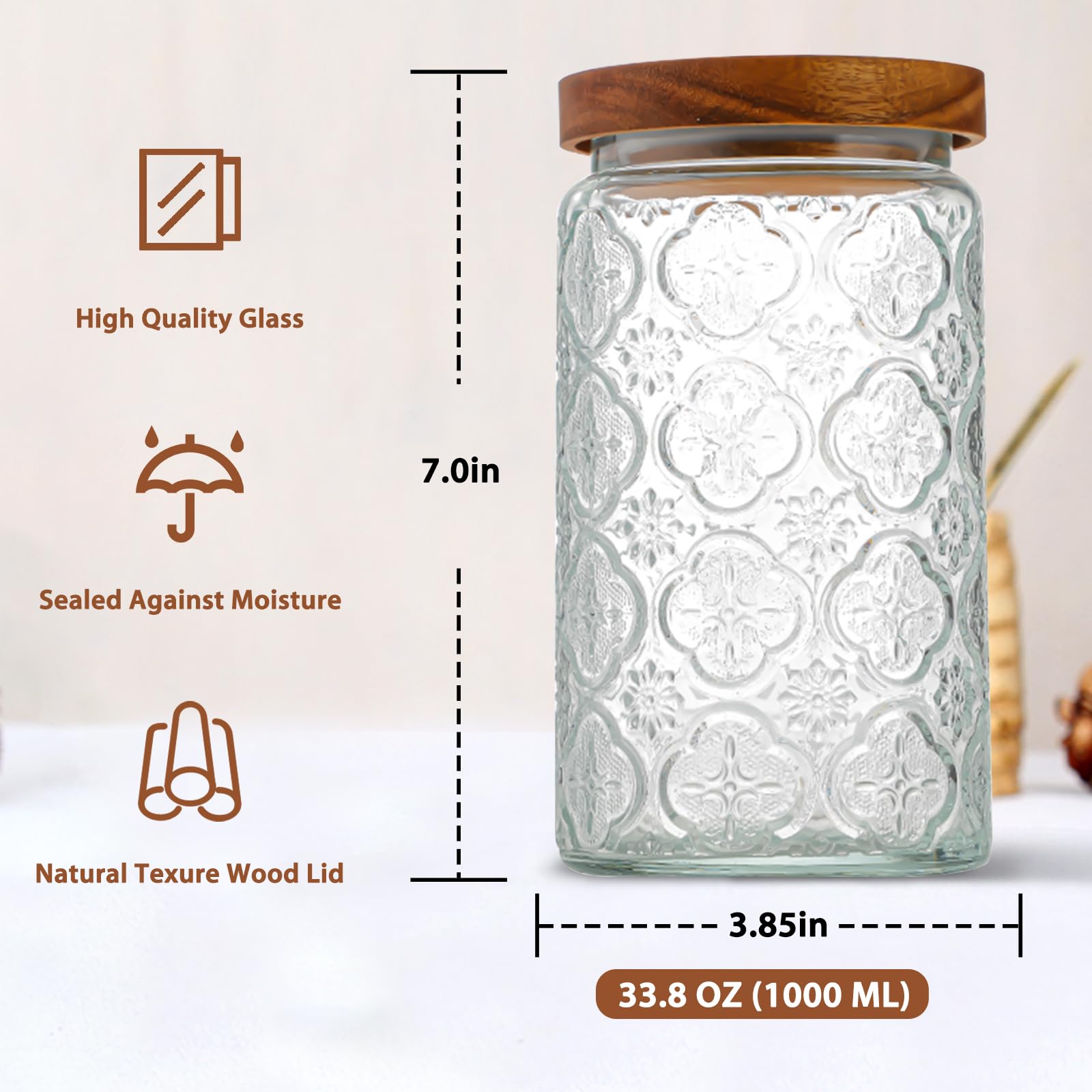 34 OZ 2 PCS Glass Storage Jar with Airtight Bamboo Wooden Lids