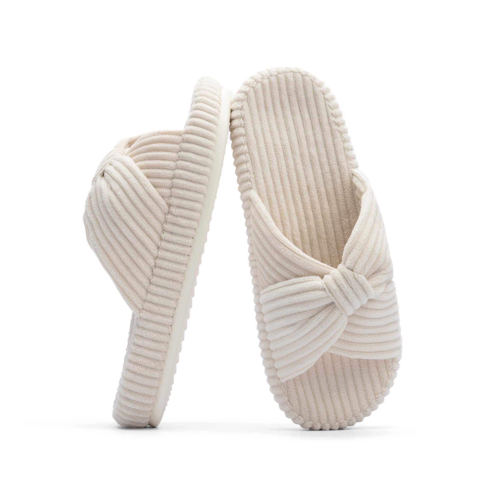 Slippers for Women Memory Foam House Bedroom Corduroy Bow Crossbands Slipper Shoes Comfy Trendy Gift Slippers Beige Size 9 10 8.5