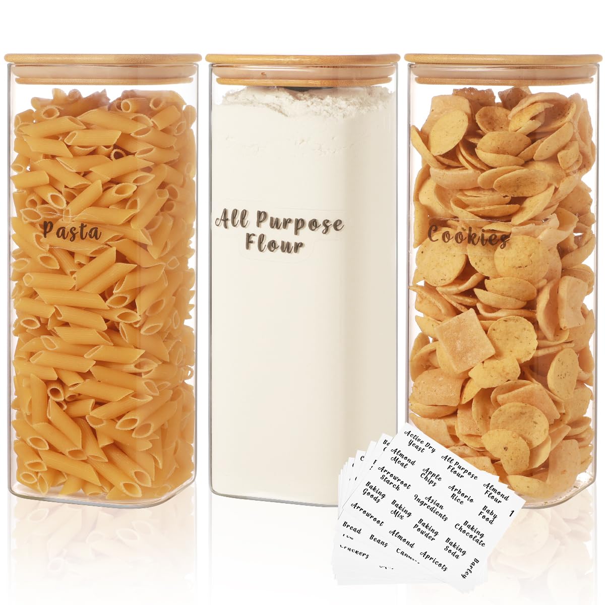 3 Pcs Square Glass Pantry Storage Containers with Bamboo Airtight Lid and 248 Clear Pantry Labels Preprinted