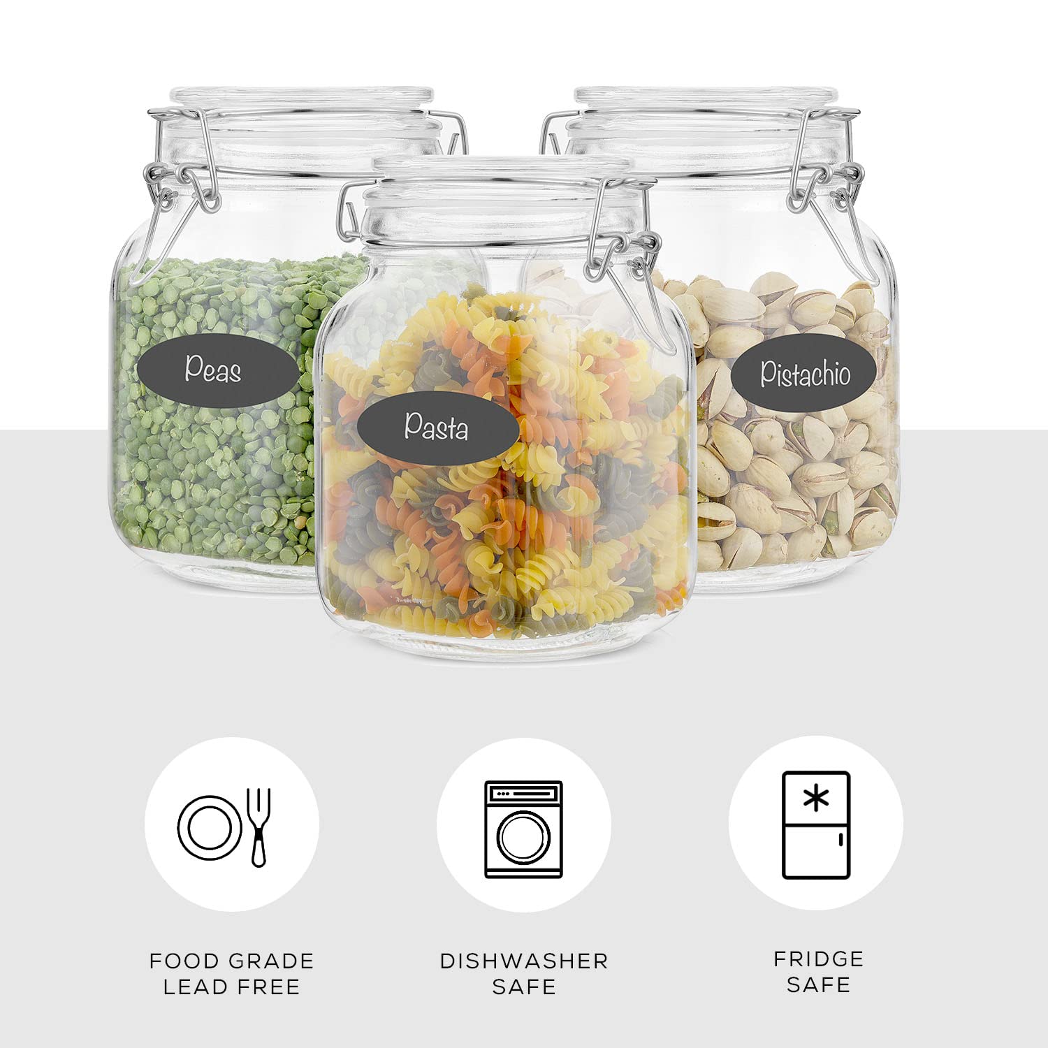 Airtight Glass Jars with Lids Set of 3. 32oz Glass Jar with Lid and 6 Silicone Seals! Med Glass Food Storage Containers. Square Mason Jar (3 Count)