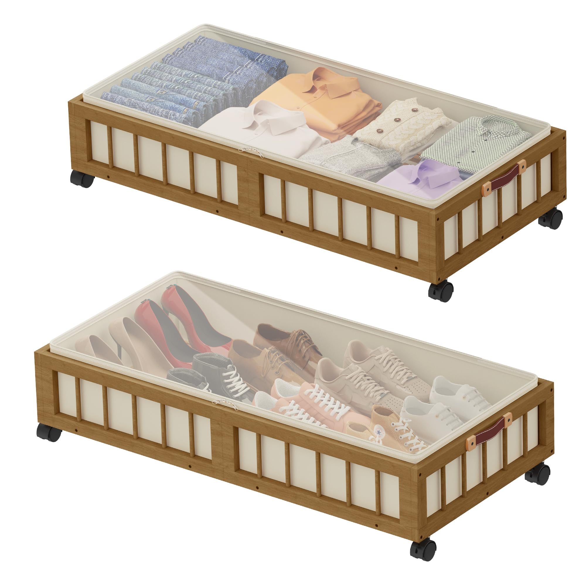 2 Pack Bamboo Under Bed Storage with Wheels (2 Count)