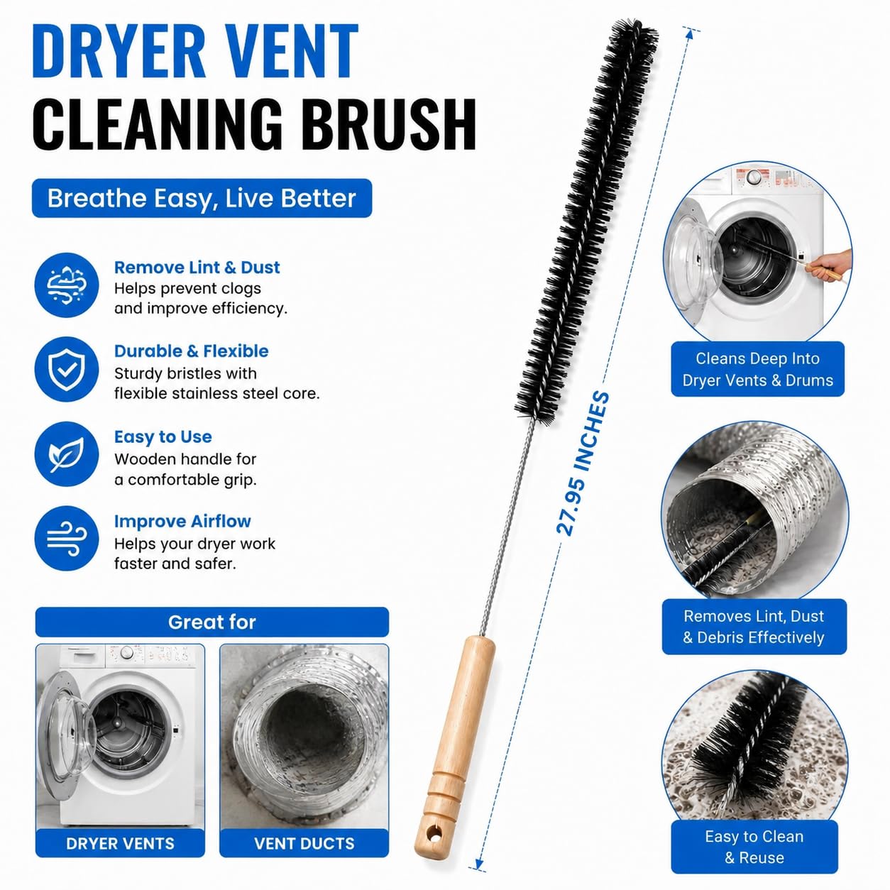 Dryer Lint Brush Vent Cleaner Lint Trap Cleaning Tool Dryer Vent Brush Long Flexible with Wood Handle 27.95 Inches Medium Size for Dryer Vent Cleaning DIY Enthusiasts Homeowners (2 Count)