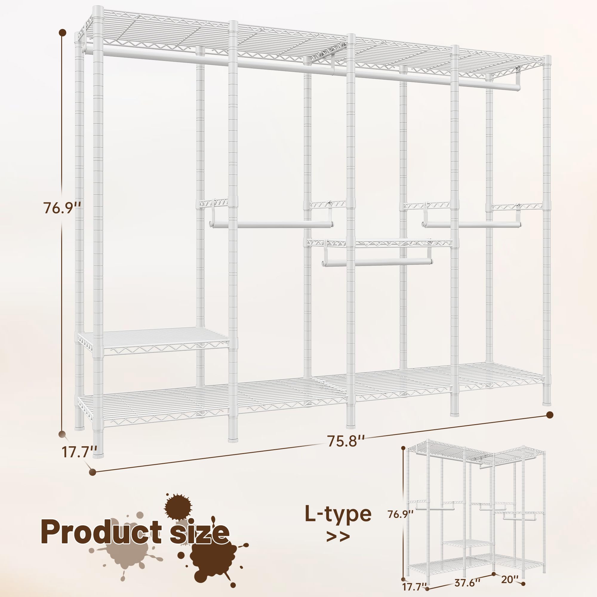 76.9" H Clothes Rack Heavy Duty Loads 1100 LBS Metal Clothing Racks for Hanging Clothes Adjustable Garment Rack White