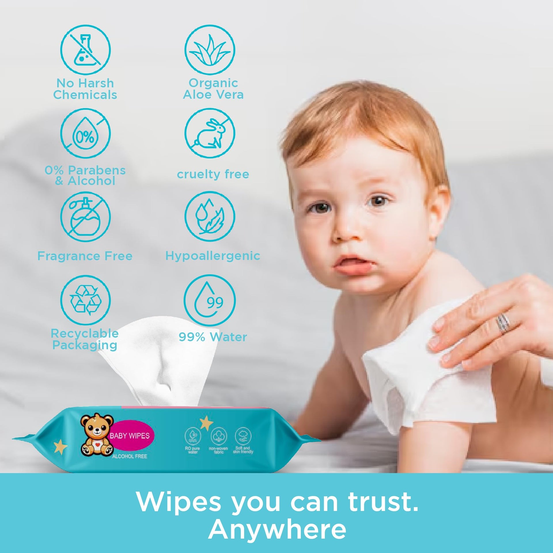 Baby Wipes Unscented Wet Wipes 99% Water Based with Aloe Vera Fragrance Free Travel Pack 20 ct Hypoallergenic Water wipes for Sensitive Skin Toallitas Húmedas para Bebés Bulk Available (8 Ounce)