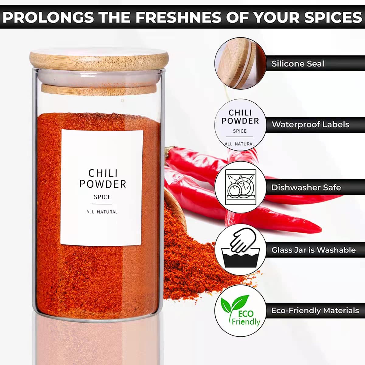 12 Pcs Glass Spice Jars With Bamboo Airtight Lids