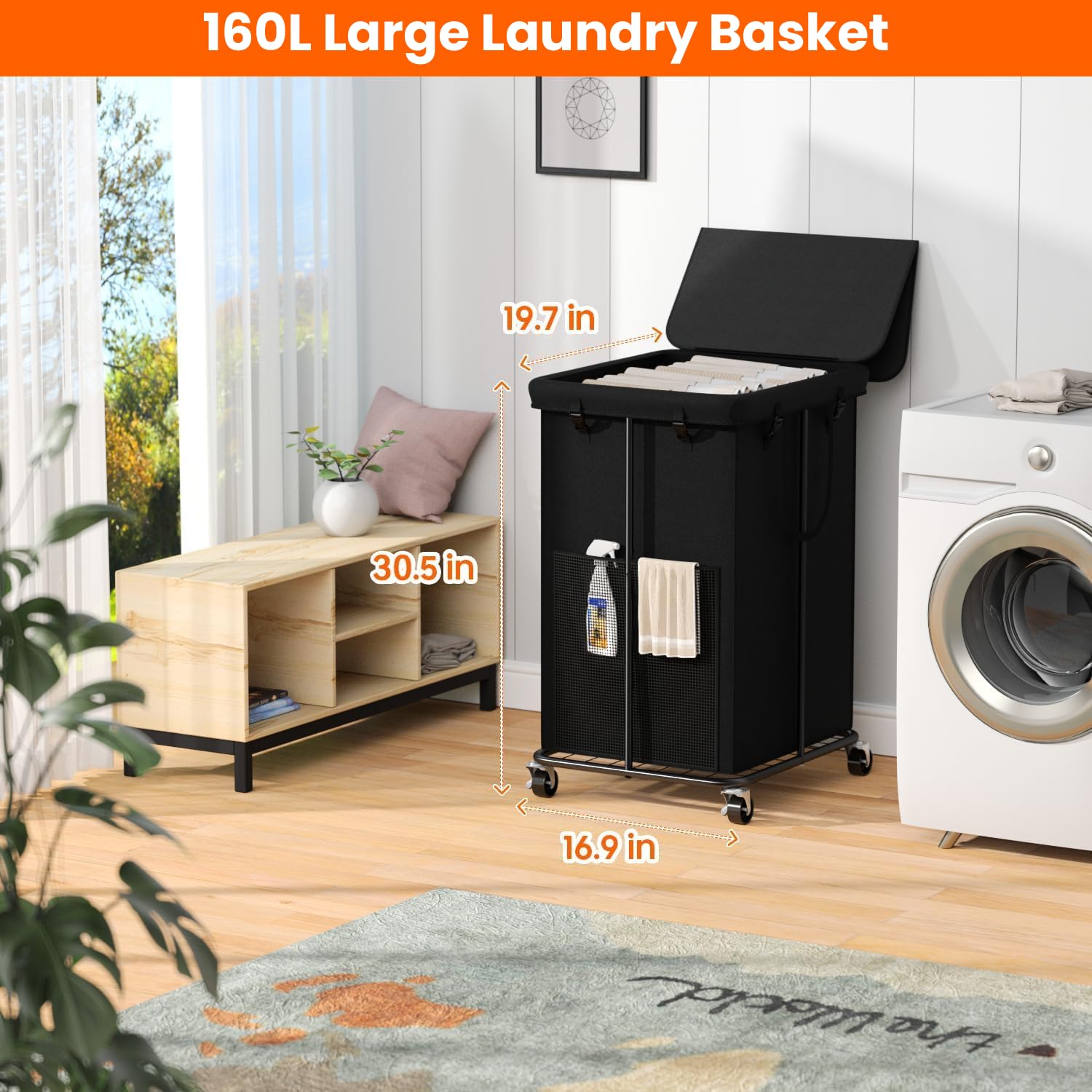 160L Laundry Hamper with Lid & Wheels