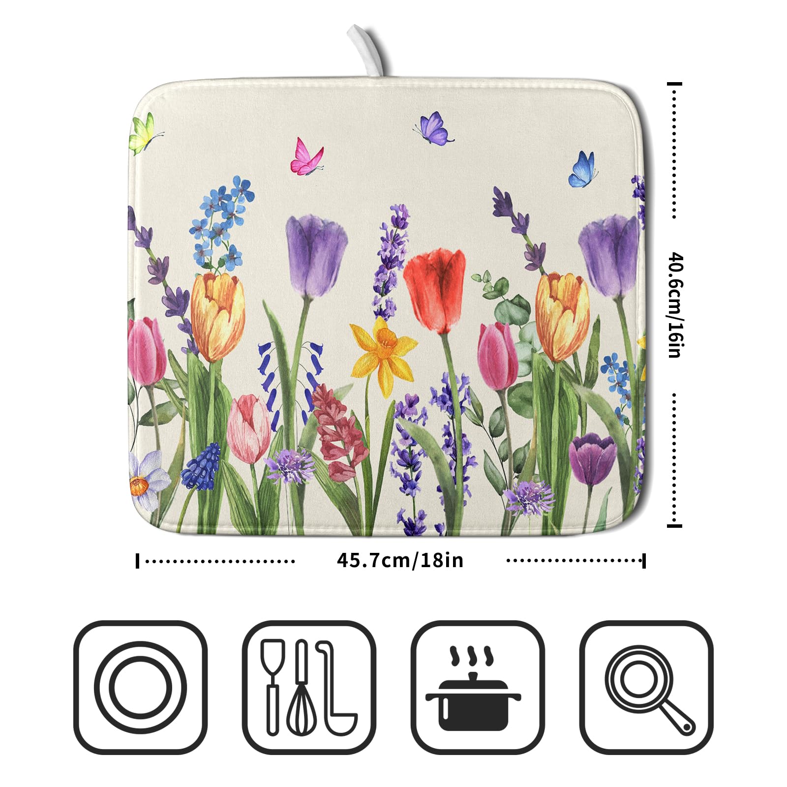 Spring Summer Colorful Flower Dish Drying Mat 16x18 Inch Spring Wildflowers Kitchen Pad Botanical Floral Drainer Rack Mats Absorbent Fast Dry Microfiber Dish Drying Pad for Countertop Table Decoration